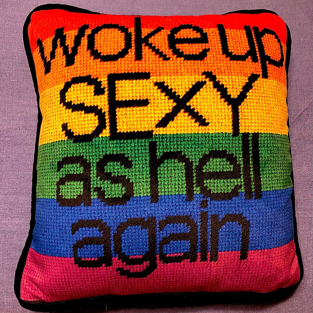 mommani threads rainbow velvet “WOKE UP SEXY AS HELL AGAIN” 10” square pillow